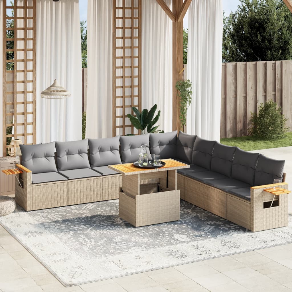 vidaXL 11-tlg. Garten-Sofagarnitur mit Kissen Beige Poly Rattan