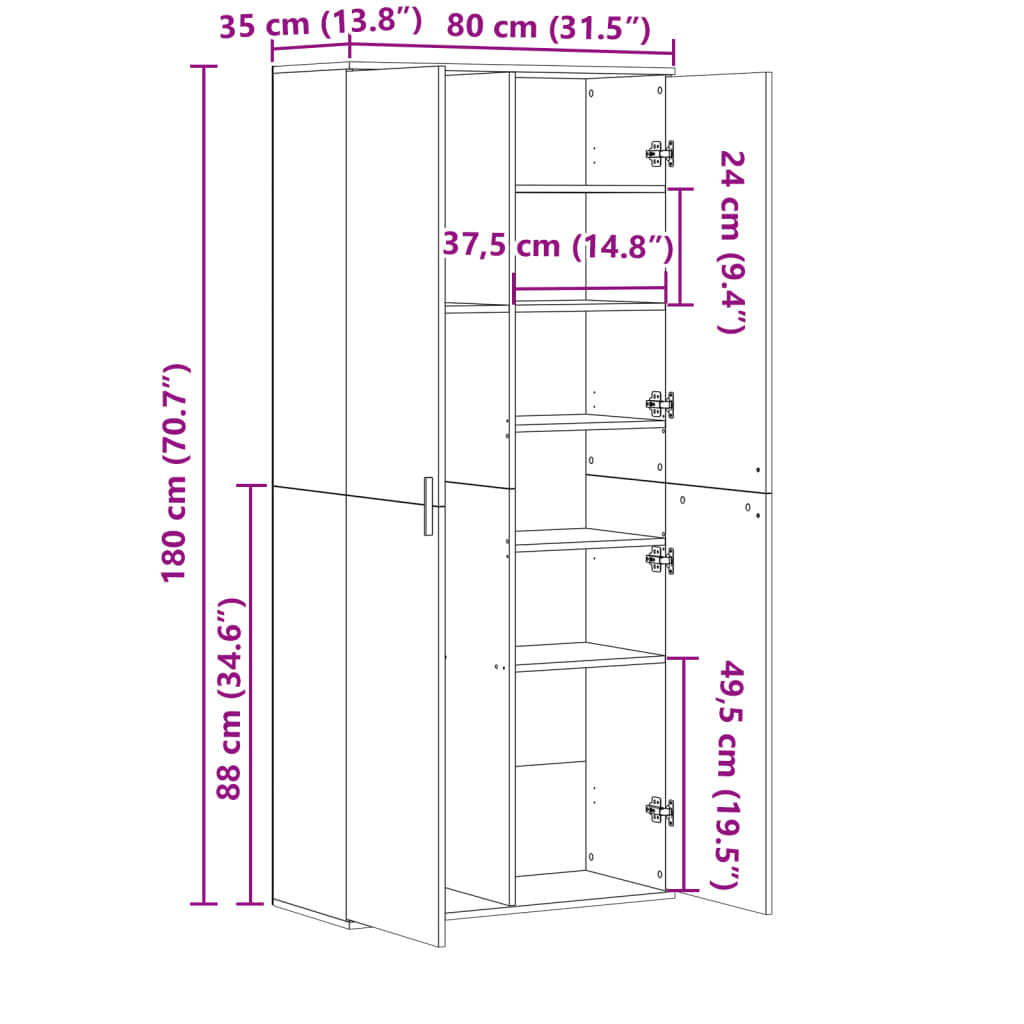 Highboard Sonoma-Eiche 80x35x180 cm Holzwerkstoff Stilecasa