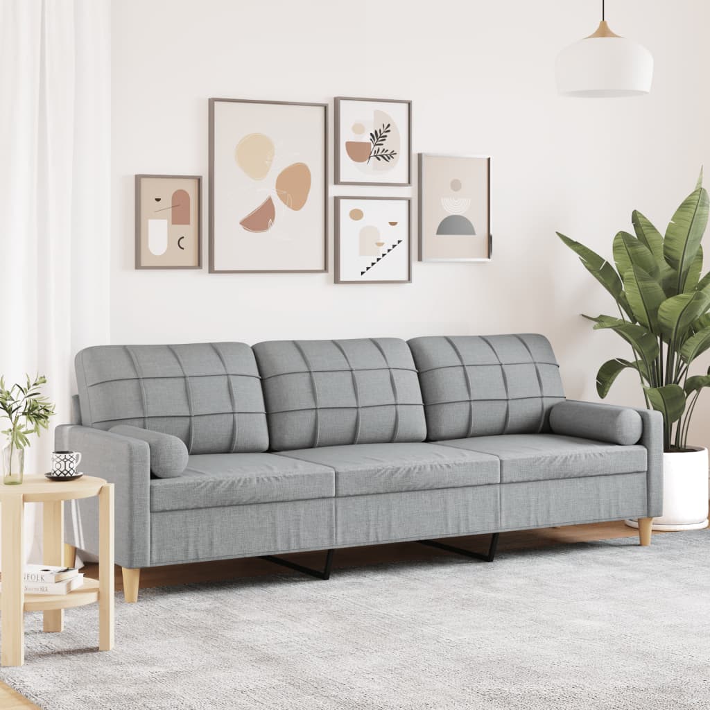 Sofa 3-Sitzer mit Zierkissen Hellgrau 210 cm Stoff Stilecasa