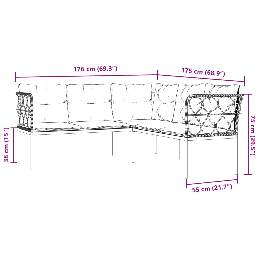 vidaXL Gartensofa in L-Form mit Kissen Schwarz Stahl und Textilene