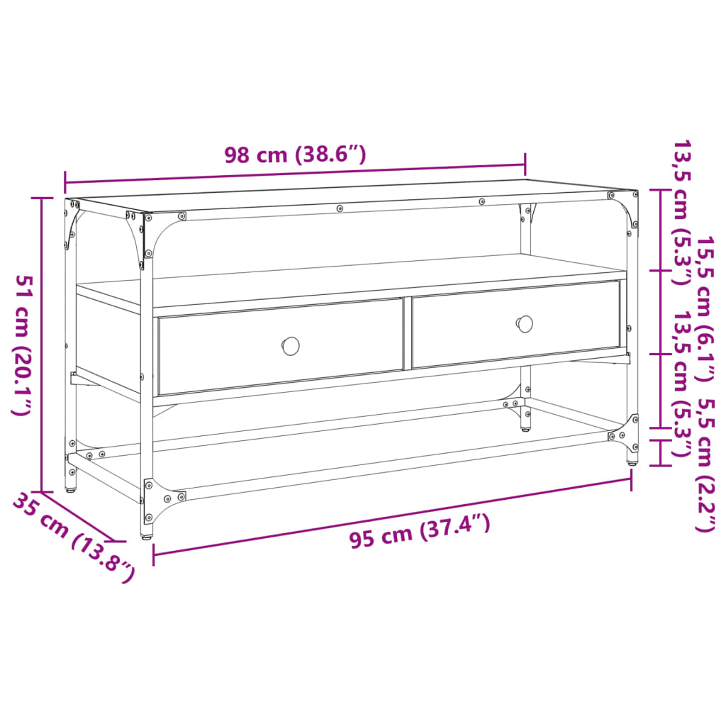 vidaXL TV-Schrank mit Glasplatte Braun Eiche 98x35x51 cm Holzwerkstoff