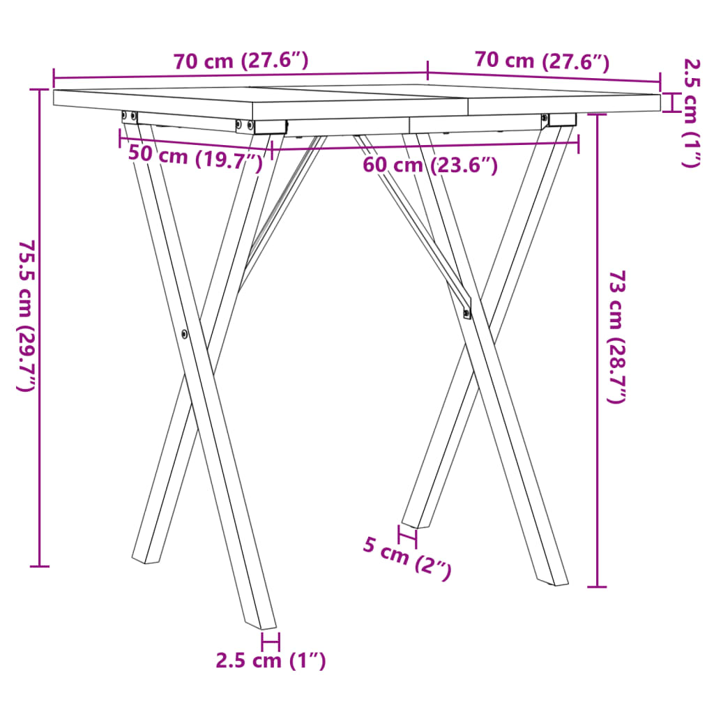 Esstisch X-Gestell 70x70x75,5cm Massivholz Kiefer und Gusseisen Stilecasa