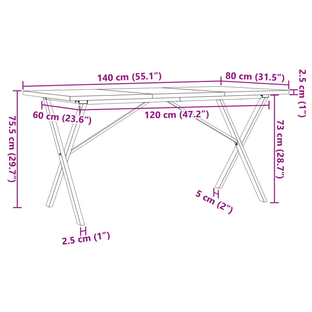 vidaXL Esstisch X-Gestell 140x80x75,5 cm Massivholz Kiefer & Gusseisen