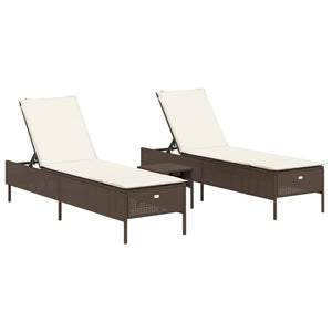 3-tlg. Sonnenliegen-Set mit Auflage Braun Poly Rattan