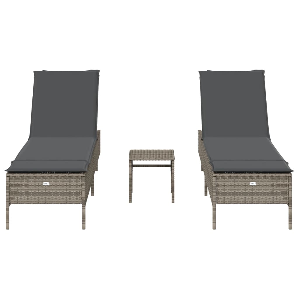 3-tlg. Sonnenliegen-Set mit Auflage Grau Poly Rattan