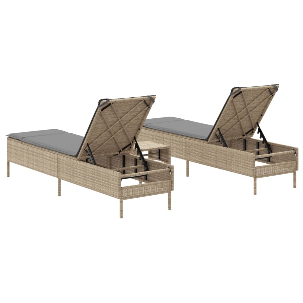 3-tlg. Sonnenliegen-Set mit Auflage Beige Poly Rattan