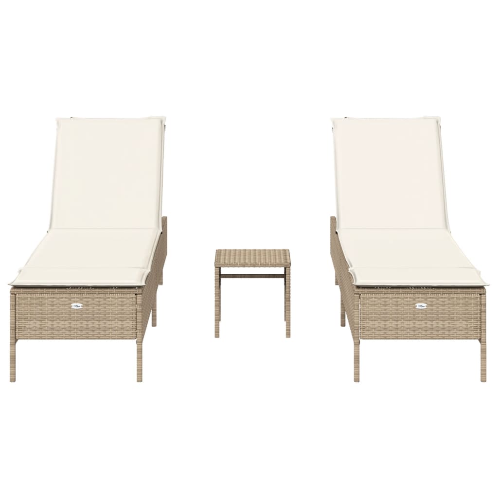 3-tlg. Sonnenliegen-Set mit Auflage Beige Poly Rattan