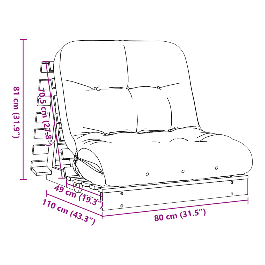 vidaXL Futon Schlafsofa mit Matratze Braun 80x206x11 Massivholz Kiefer