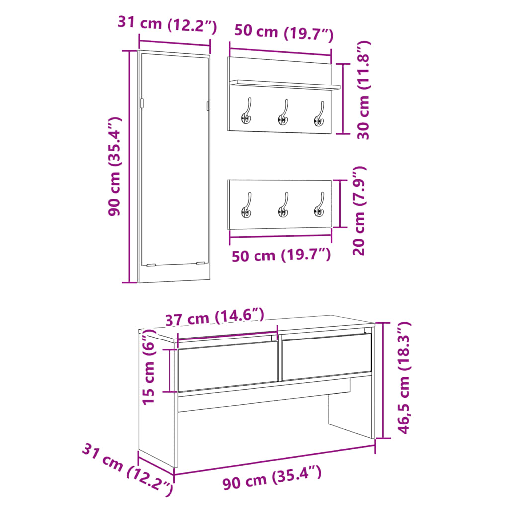 vidaXL 4-tlg. Garderoben-Set Betongrau Holzwerkstoff