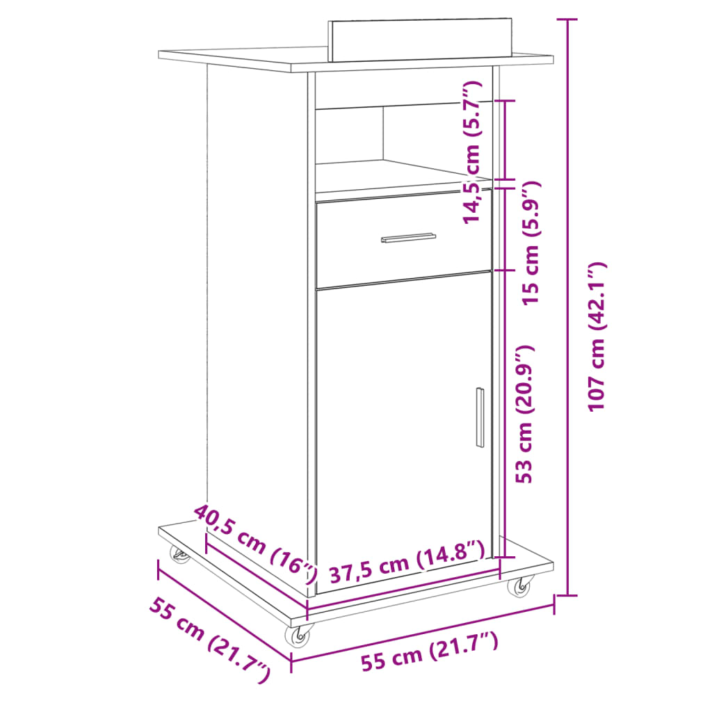 vidaXL Rednerpult mit Rollen & Schublade Betongrau 55x55x107 cm