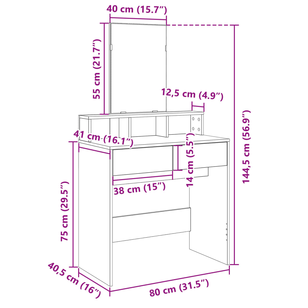 vidaXL Schminktisch mit Spiegel Schwarz 80x41x144,5 cm