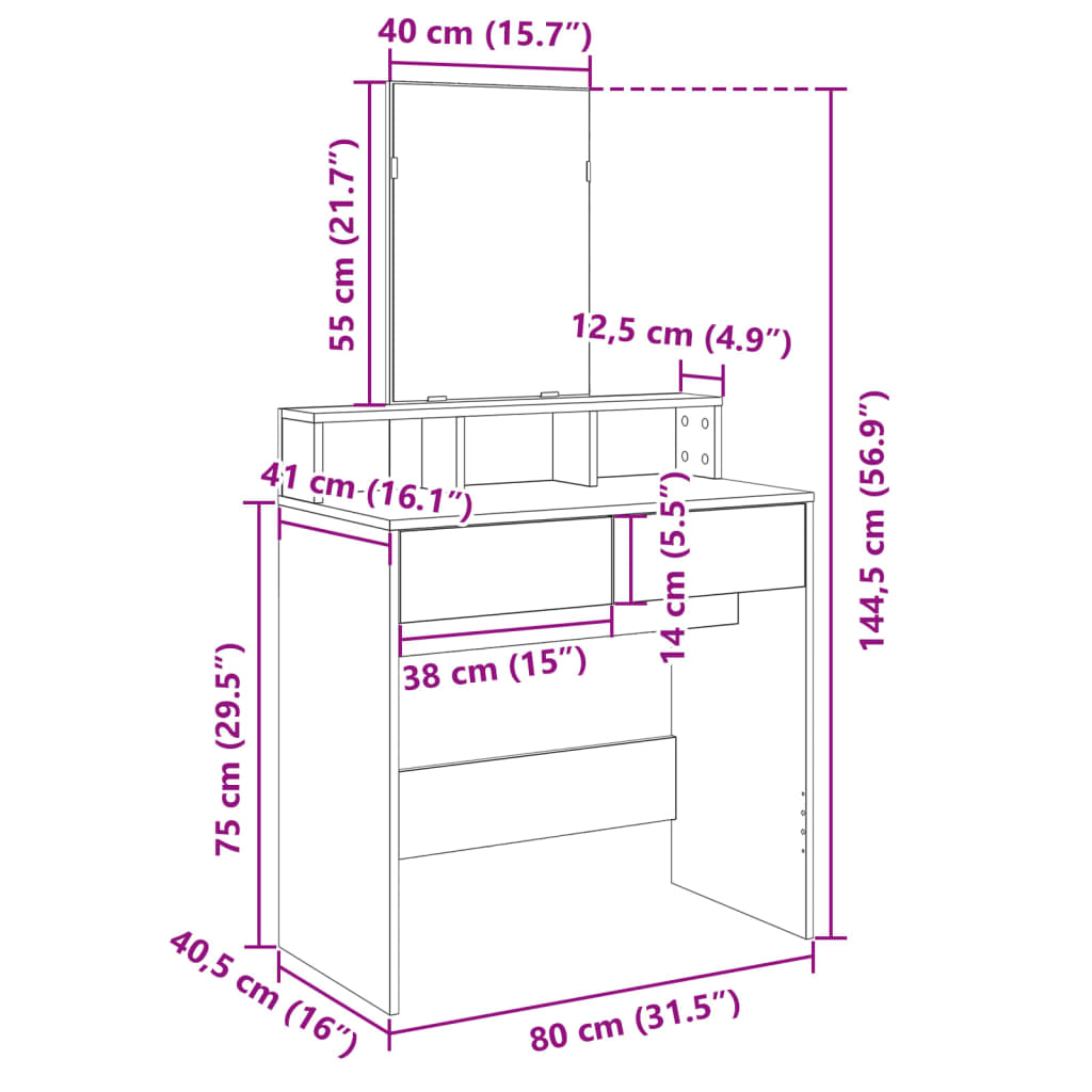 vidaXL Schminktisch mit Spiegel Grau Sonoma 80x41x144,5 cm