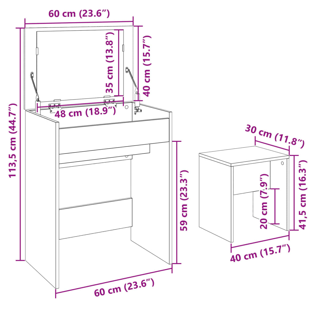 vidaXL Schminktisch mit Hocker Schwarz 60x40x113,5 cm