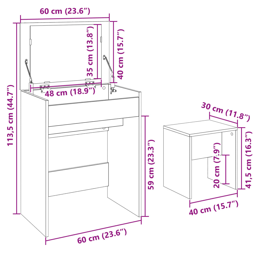 vidaXL Schminktisch mit Hocker Sonoma-Eiche 60x40x113,5 cm