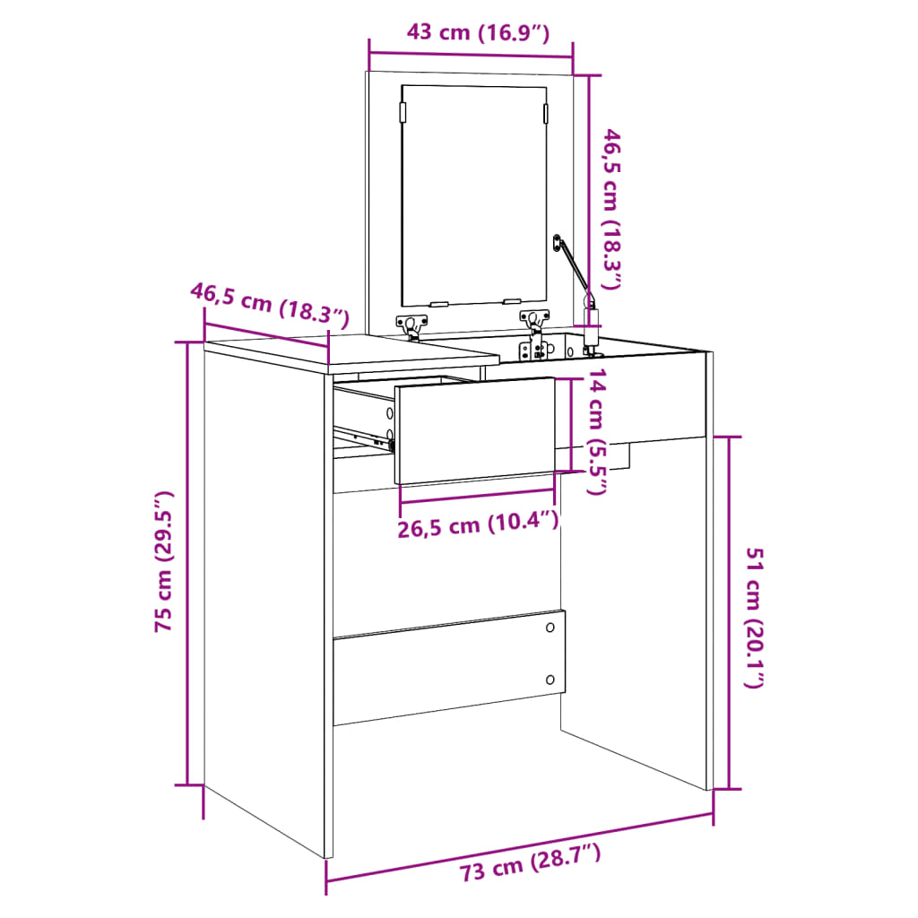 vidaXL Schminktisch mit Spiegel Weiß 73x46,5x120 cm