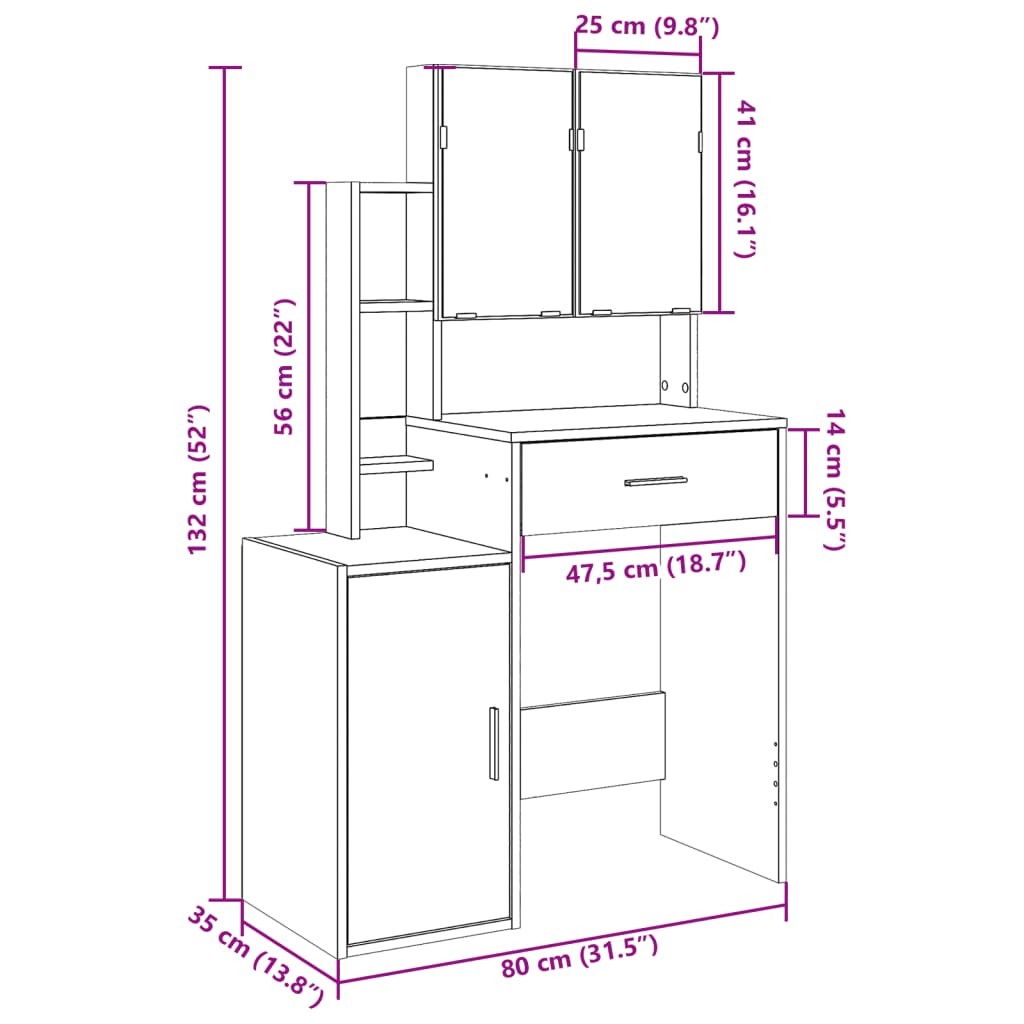 vidaXL Schminktisch mit Schrank Weiß 80x35x132 cm