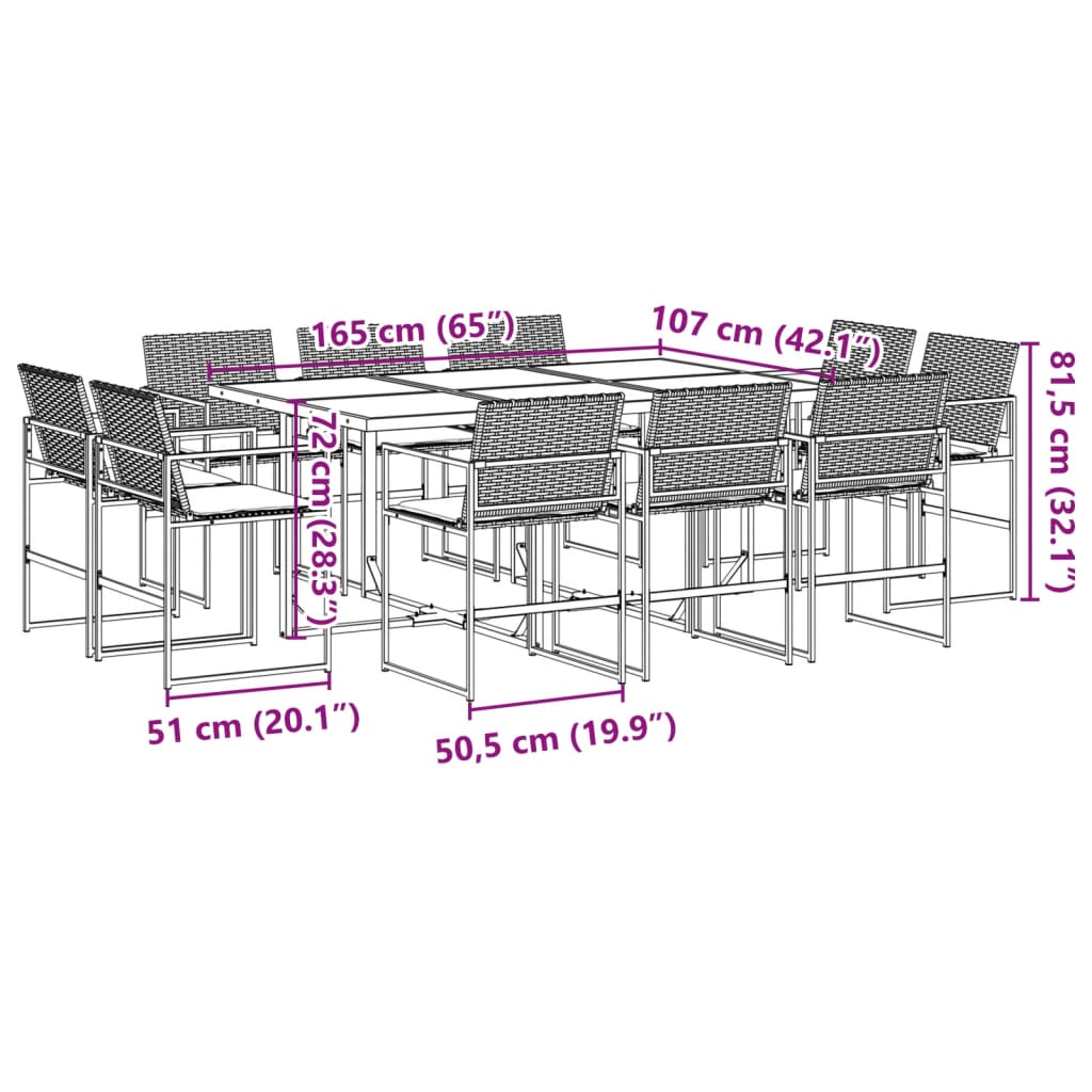 vidaXL 11-tlg. Garten-Essgruppe mit Kissen Schwarz Poly Rattan