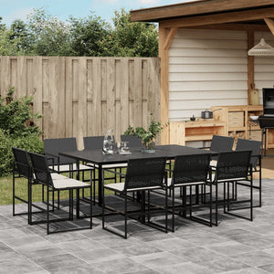 vidaXL 11-tlg. Garten-Essgruppe mit Kissen Schwarz Poly Rattan