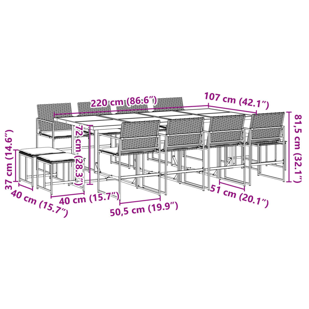 vidaXL 13-tlg. Garten-Essgruppe mit Kissen Schwarz Poly Rattan