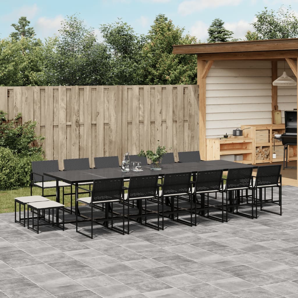 vidaXL 17-tlg. Garten-Essgruppe mit Kissen Schwarz Poly Rattan