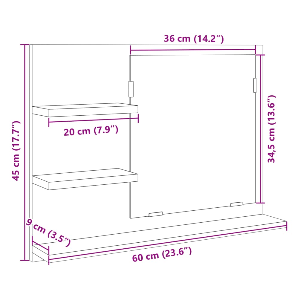 vidaXL Badspiegel Sonoma-Eiche 60x10,5x45 cm Holzwerkstoff