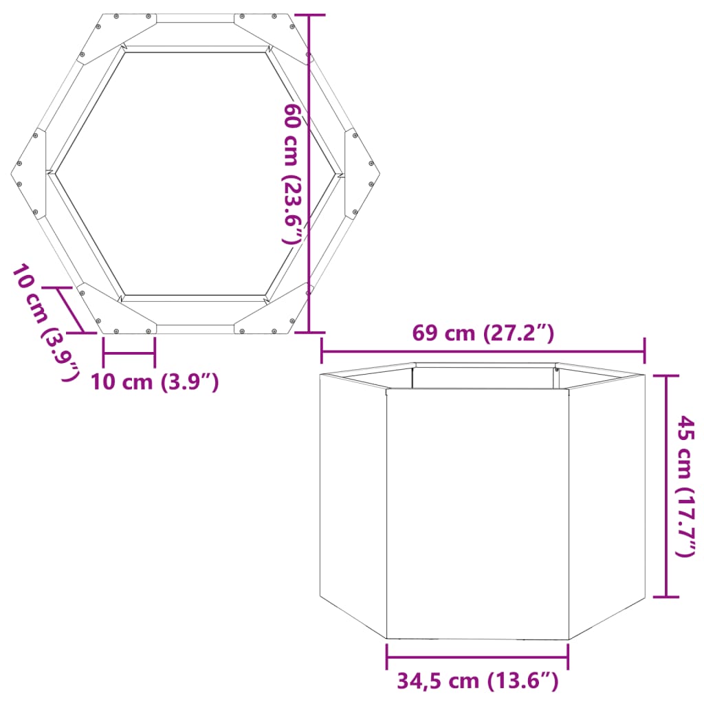 Pflanzkübel Schwarz Sechseckig 69x60x45 Stahl Stilecasa