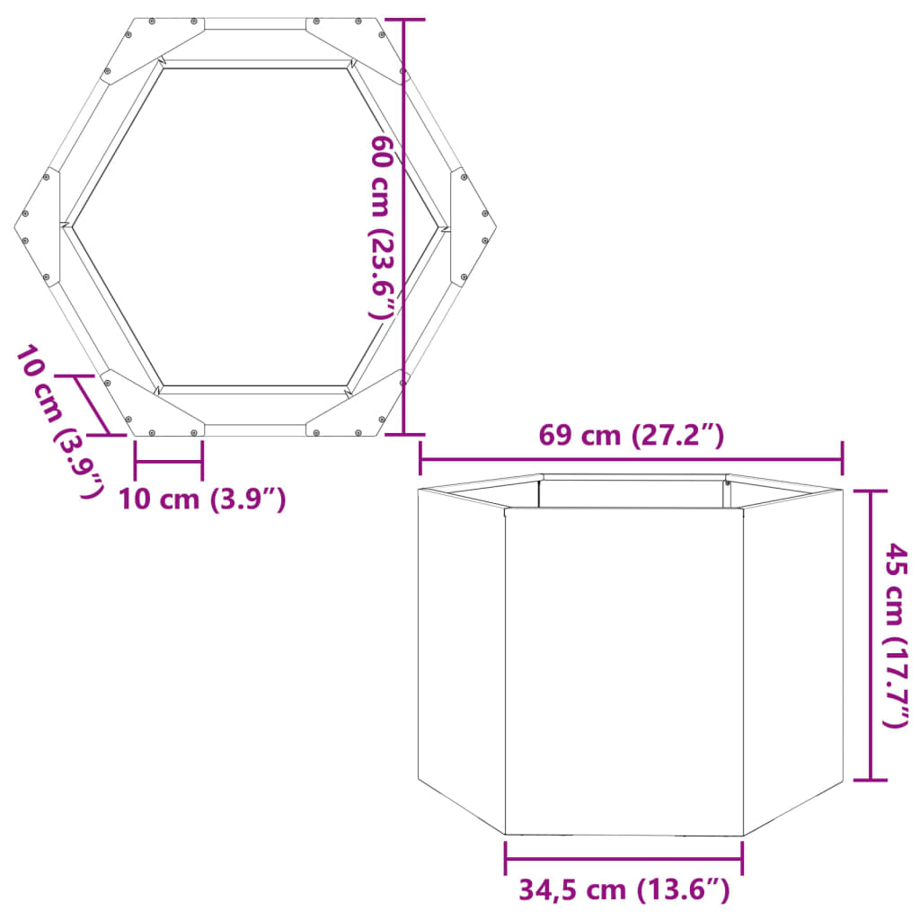 Pflanzkübel Anthrazit Sechseckig 69x60x45 Stahl Stilecasa