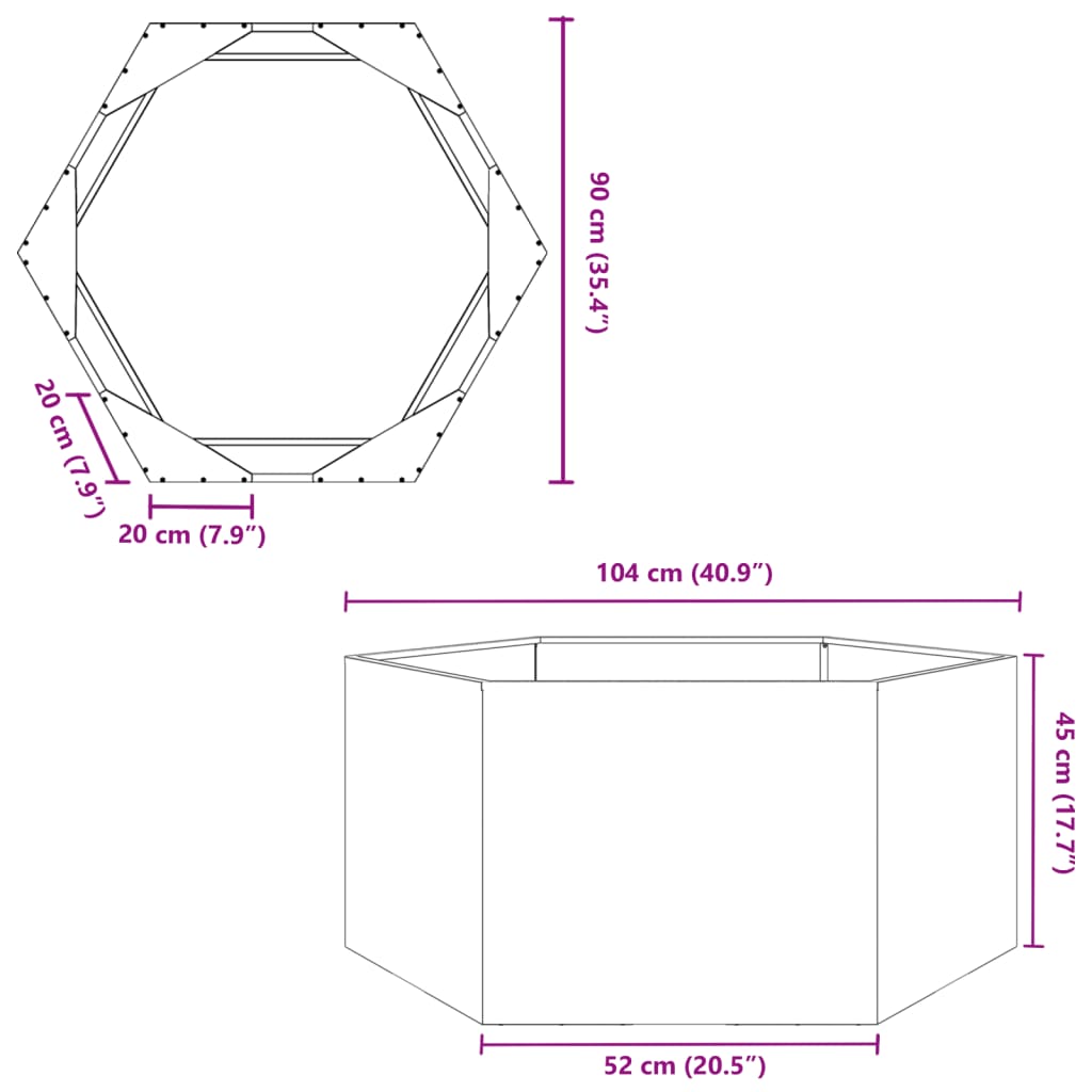 Pflanzkübel Schwarz Sechseckig 104x90x45 Stahl