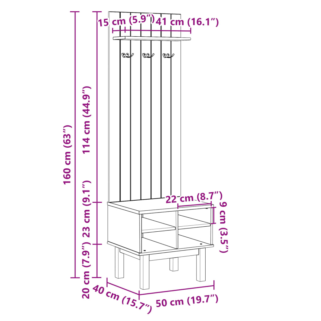 Flurgarderobe OTTA 50x40x160 cm Massivholz Kiefer VIDAXL