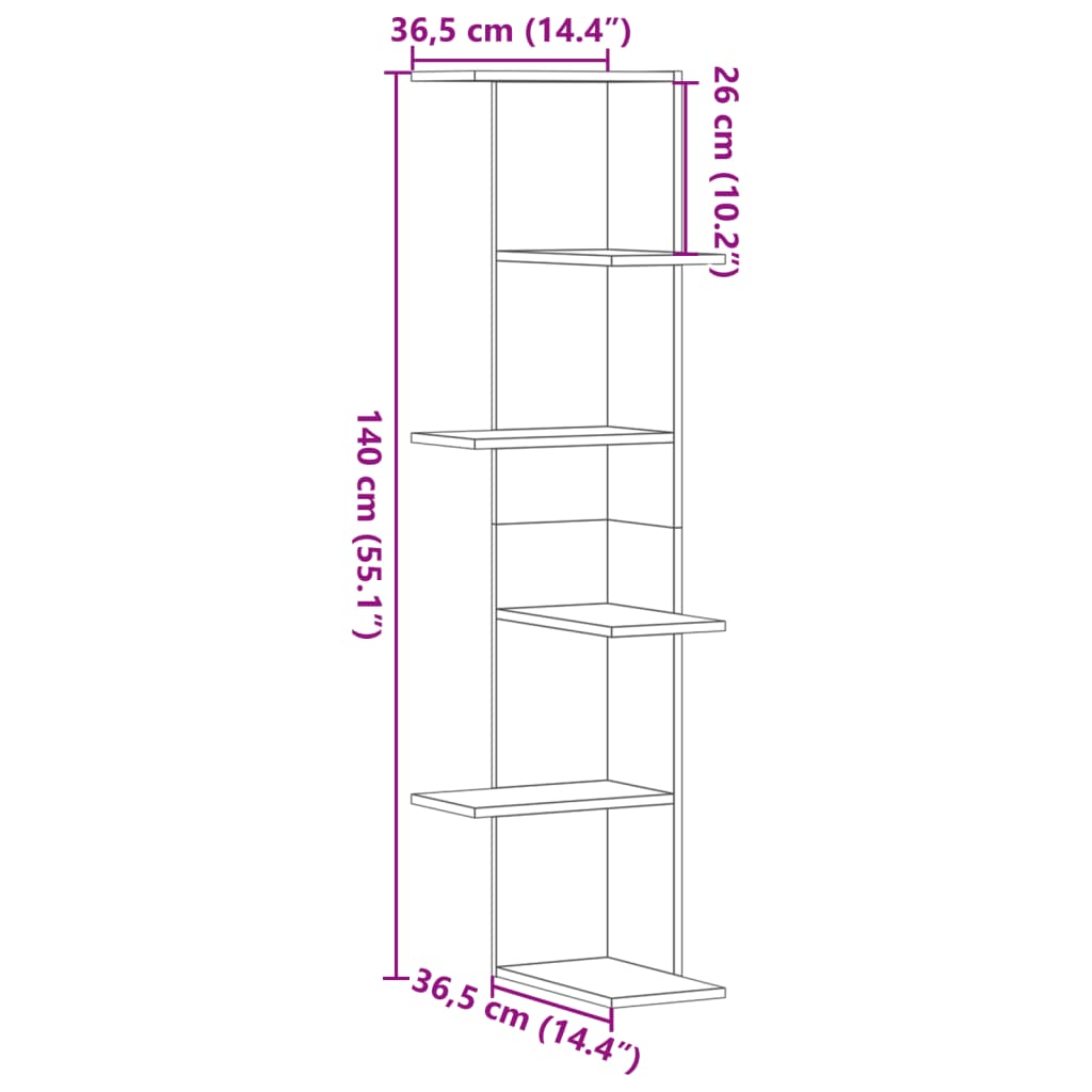 vidaXL Wand-Eckregal Weiß 36,5x36,5x140 cm Holzwerkstoff