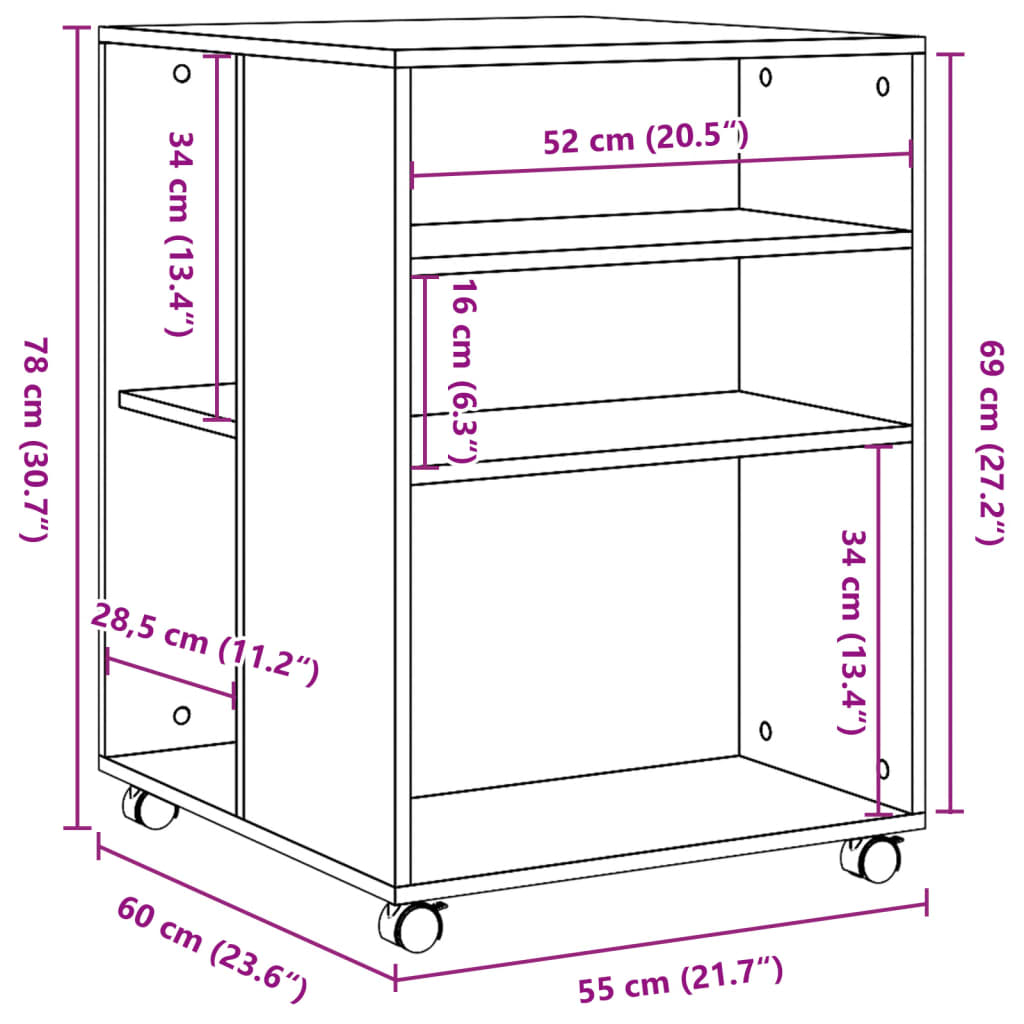 vidaXL Beistelltisch mit Rollen Schwarz 55x60x78 cm Holzwerkstoff