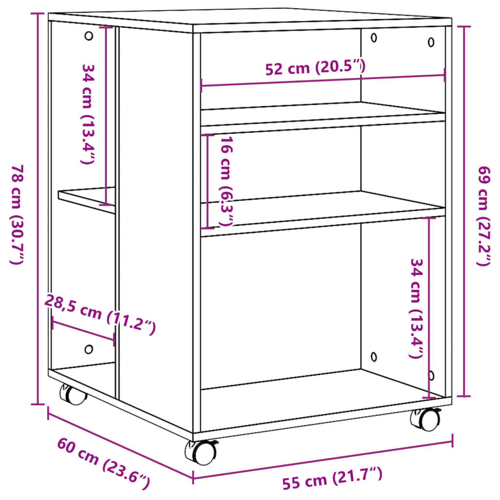 vidaXL Beistelltisch mit Rollen Räuchereiche 55x60x78 cm Holzwerkstoff