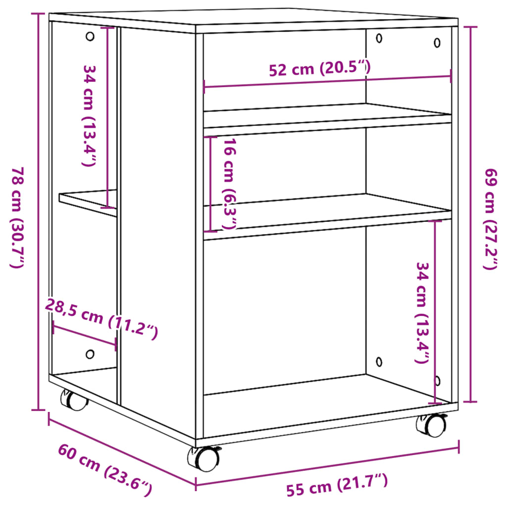 vidaXL Beistelltisch mit Rollen Altholz-Optik 55x60x78cm Holzwerkstoff