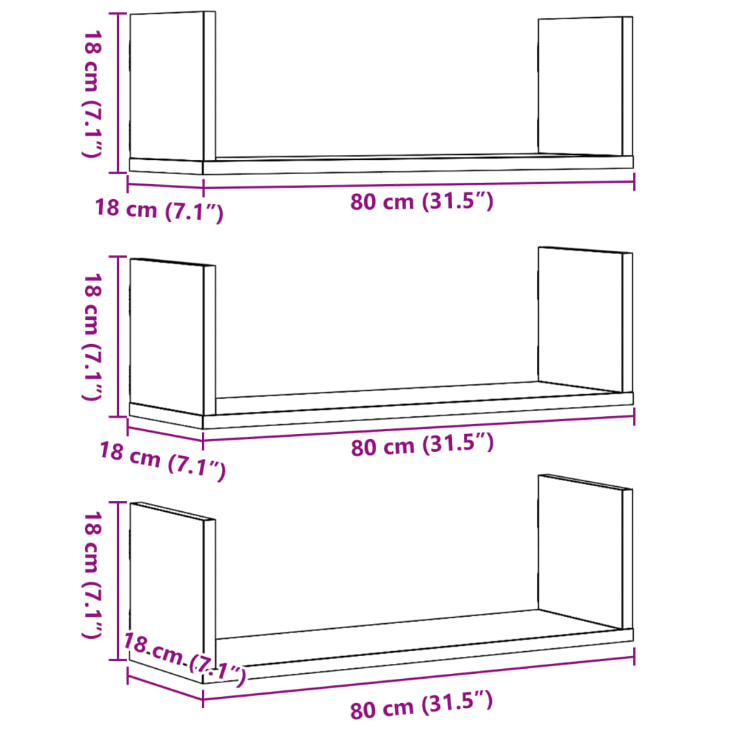 vidaXL Wandregale 3 Stk. Sonoma-Eiche 80x18x18 cm Holzwerkstoff