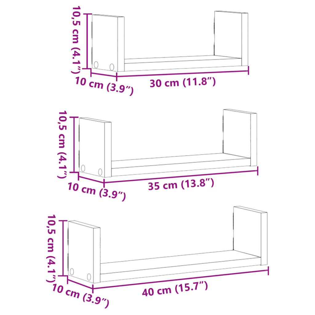 vidaXL Wandregale 3 Stk. Grau Sonoma Holzwerkstoff