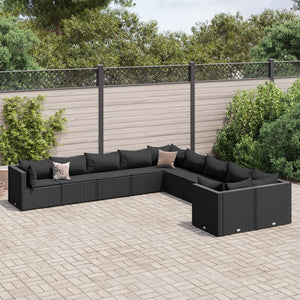 vidaXL 10-tlg. Garten-Sofagarnitur mit Kissen Schwarz Poly Rattan