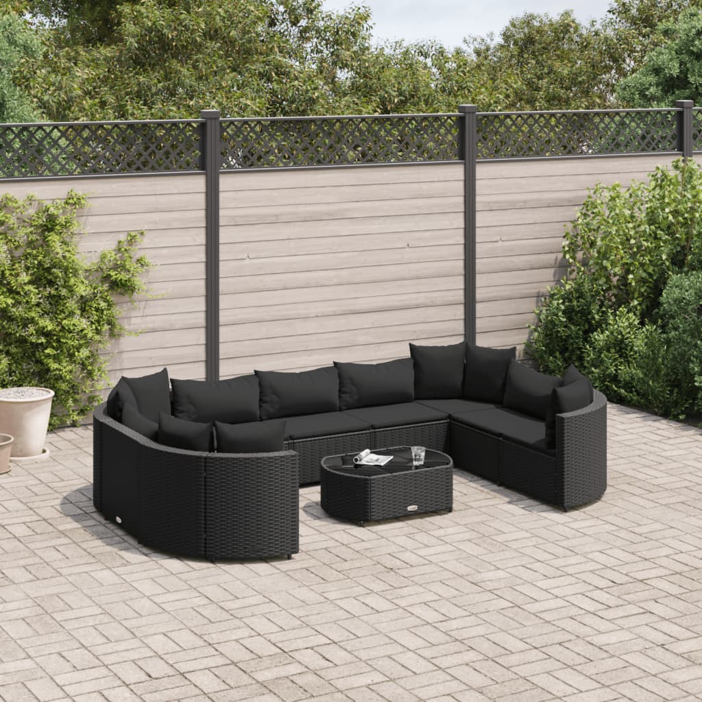 vidaXL 10-tlg. Garten-Sofagarnitur mit Kissen Schwarz Poly Rattan