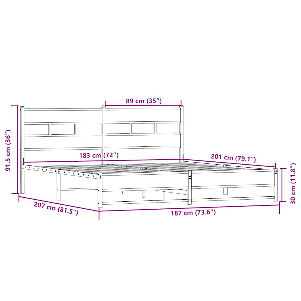 vidaXL Metallbett ohne Matratze Sonoma-Eiche 180x200 cm