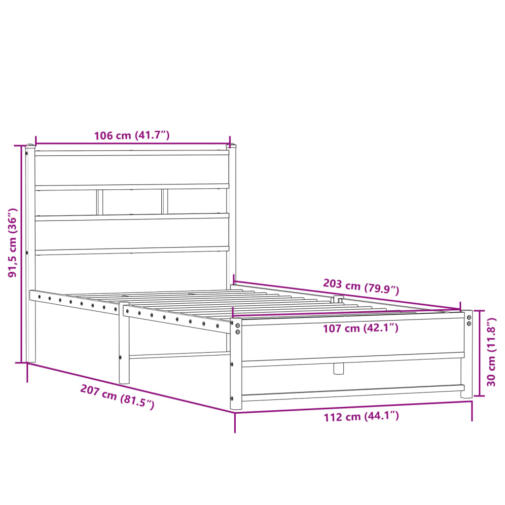 vidaXL Metallbett ohne Matratze Sonoma-Eiche 107x203 cm