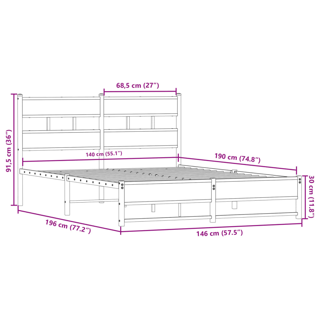 vidaXL Metallbett ohne Matratze Sonoma-Eiche 140x190 cm