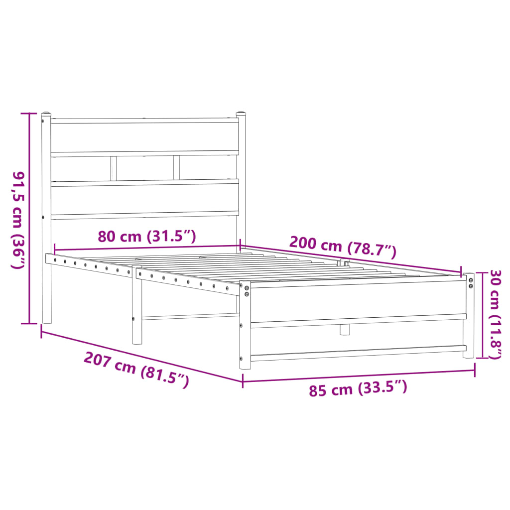 vidaXL Metallbett ohne Matratze Eichen-Optik 80x200 cm