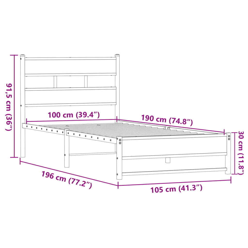 vidaXL Metallbett ohne Matratze Eichen-Optik 100x190 cm