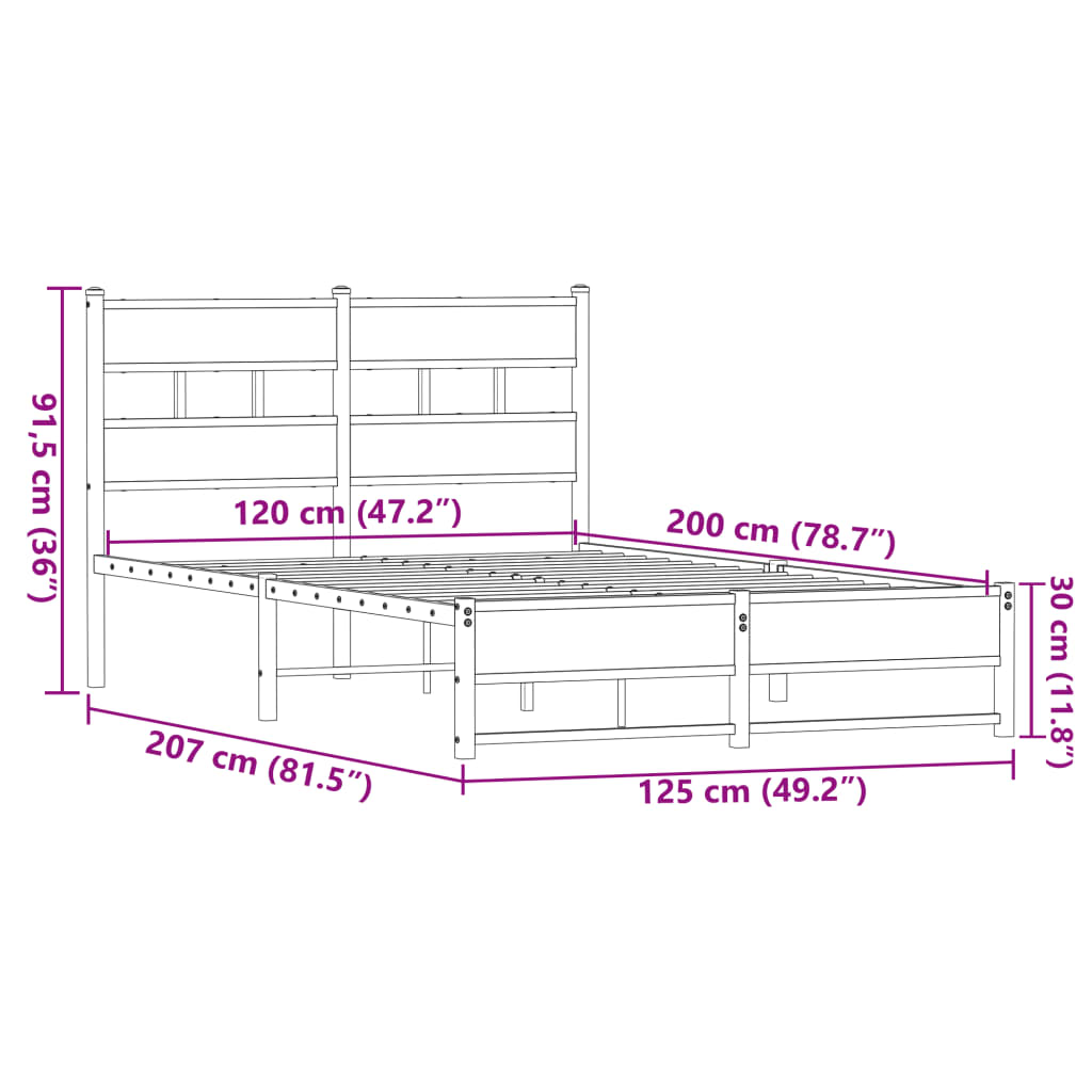 vidaXL Metallbett ohne Matratze Eichen-Optik 120x200 cm