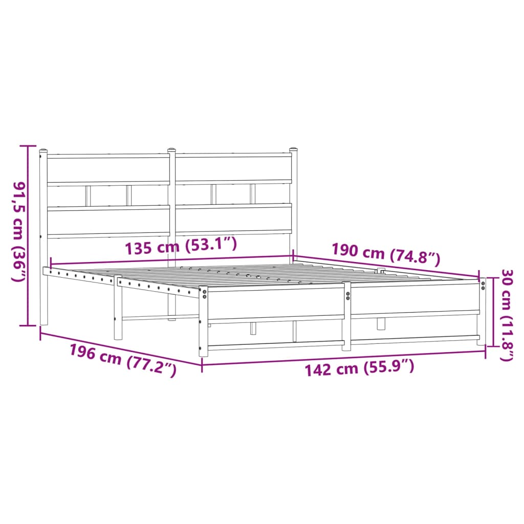 vidaXL Metallbett ohne Matratze Eichen-Optik 135x190 cm