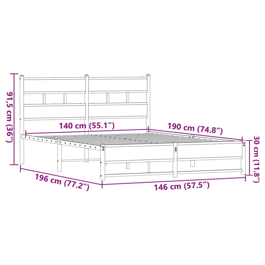 vidaXL Metallbett ohne Matratze Eichen-Optik 140x190 cm