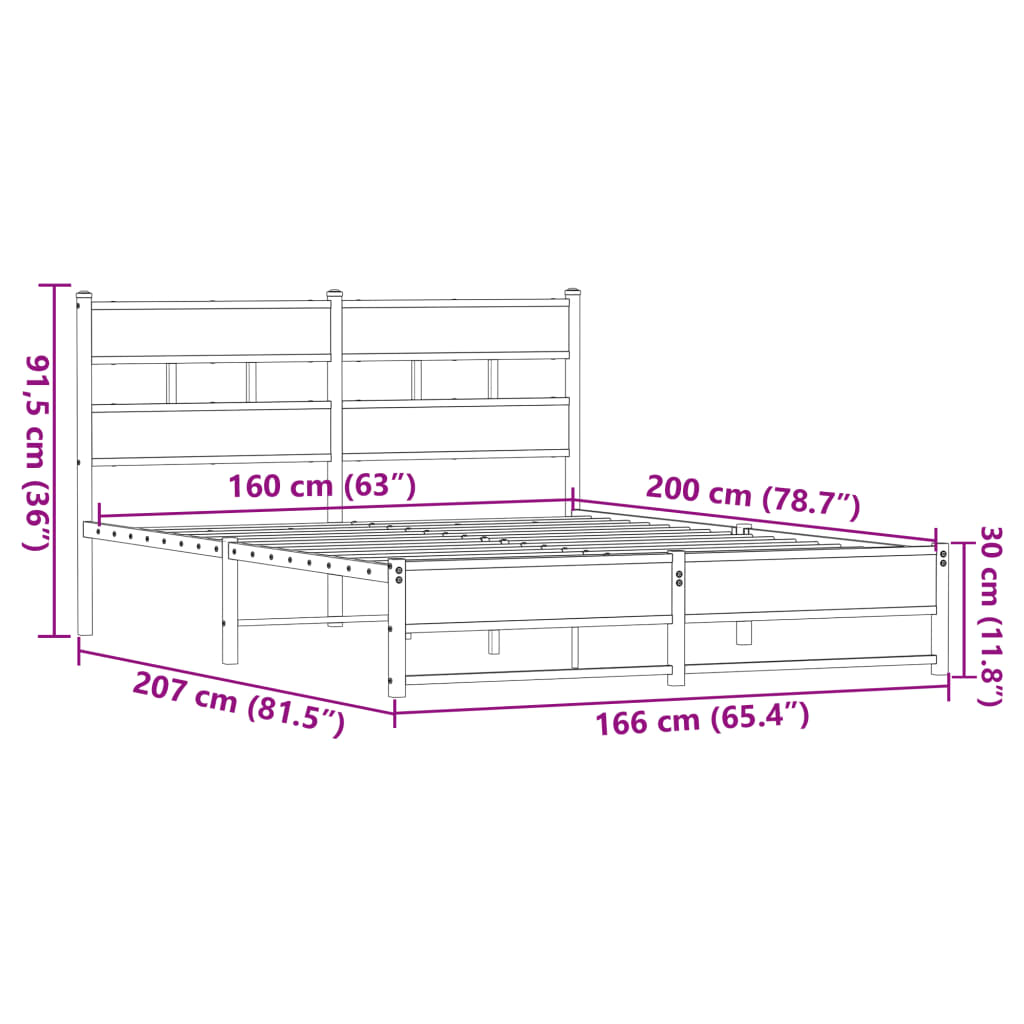 vidaXL Metallbett ohne Matratze Braun Eichen-Optik 160x200 cm