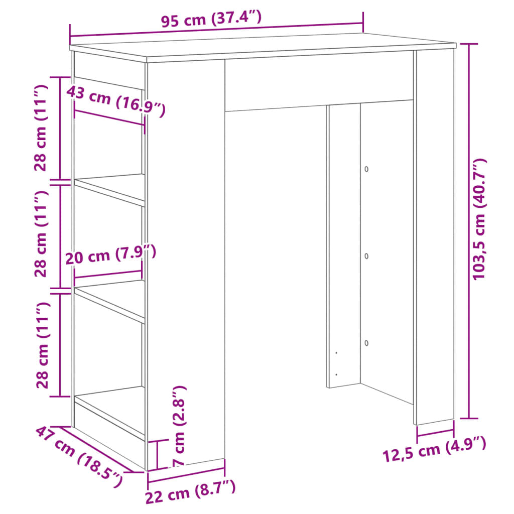 vidaXL Bartisch mit Regal Weiß 95x47x103,5 cm Holzwerkstoff