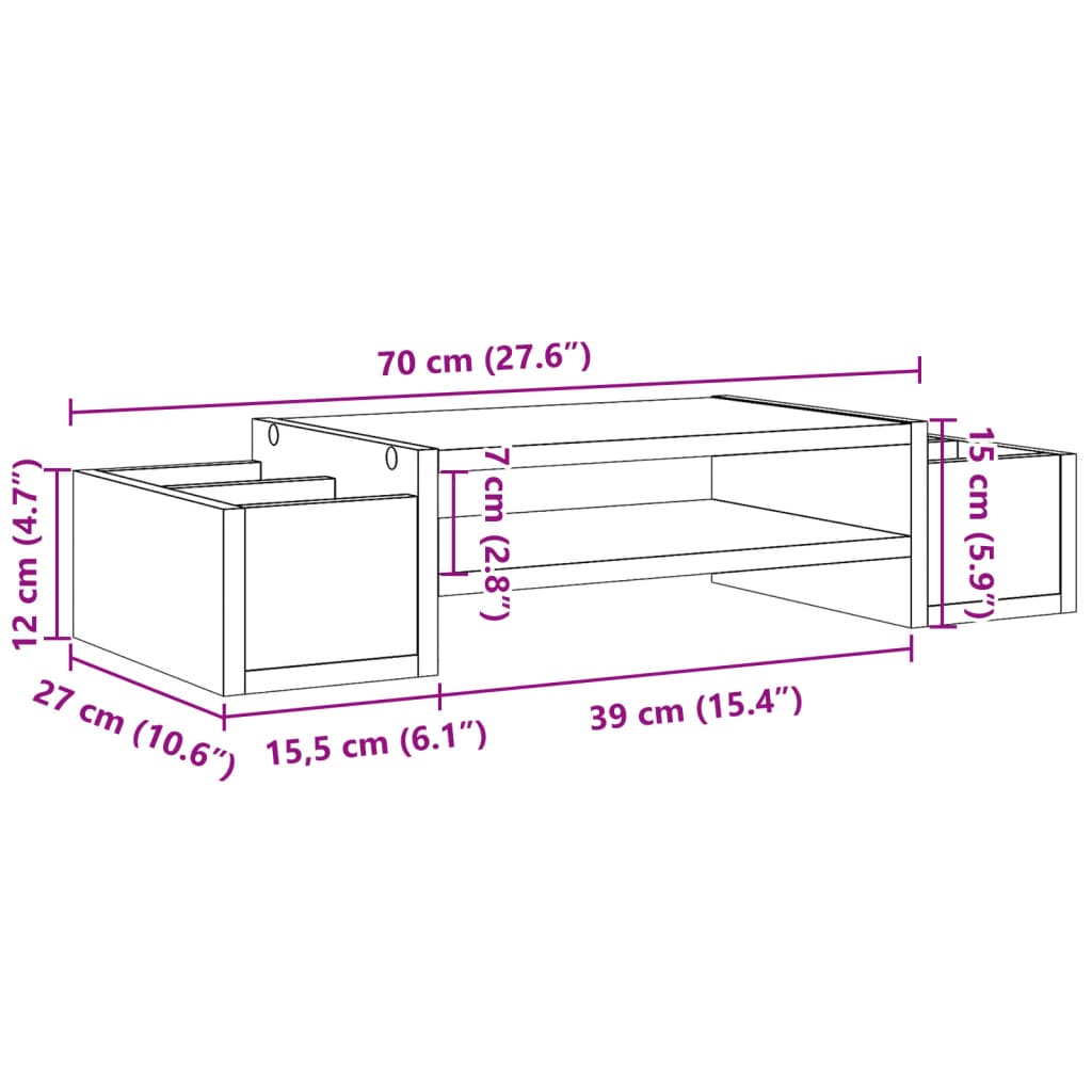 vidaXL Monitorständer mit Stauraum Betongrau 70x27x15 Holzwerkstoff