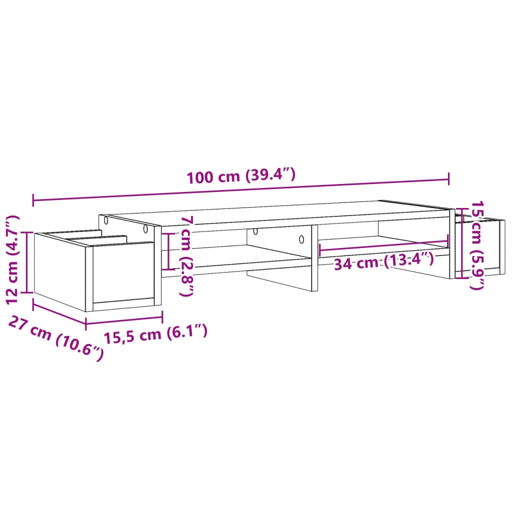 vidaXL Monitorständer mit Stauraum Schwarz 100x27x15 cm Holzwerkstoff