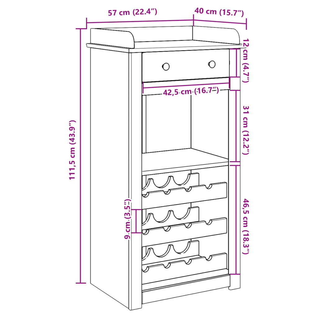 vidaXL Weinschrank Panama 57x40x111,5 cm Massivholz Kiefer